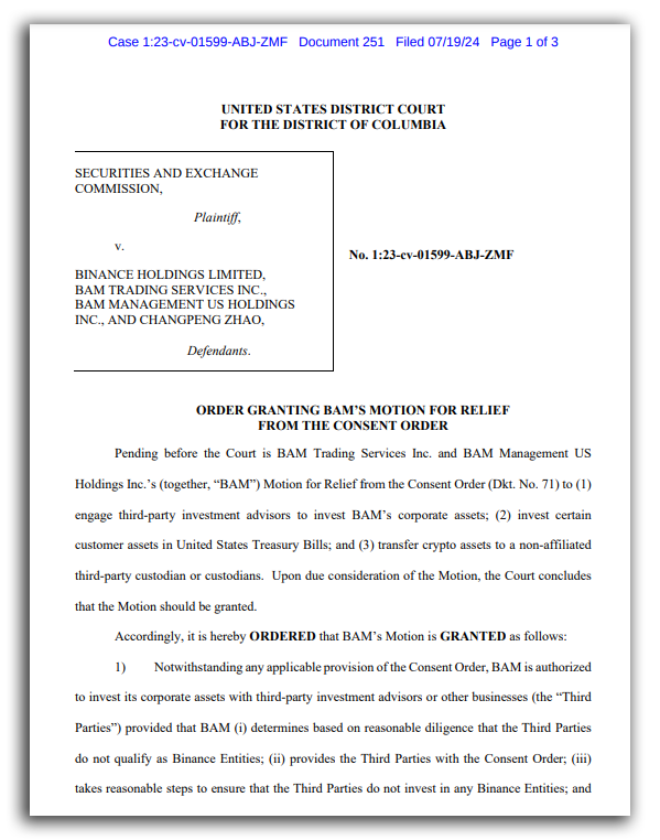 Court permission to Binance US