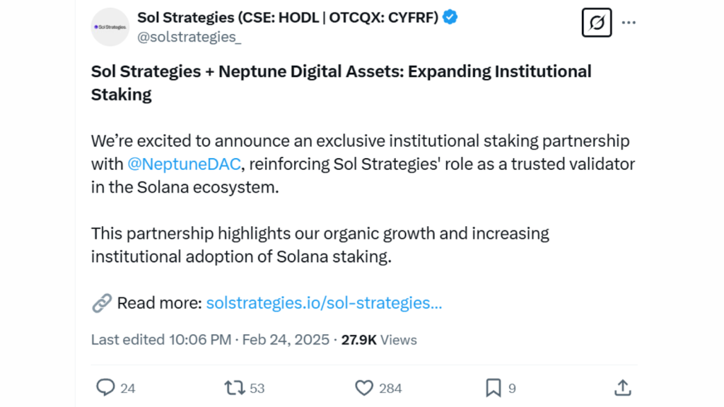 Sol Strategie's official announcement on X regarding their partnership with Neptune DAC